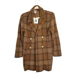 NWT Anne Klein Plaid Double Breasted Coat Size Small Brown Check Longline Jacket
